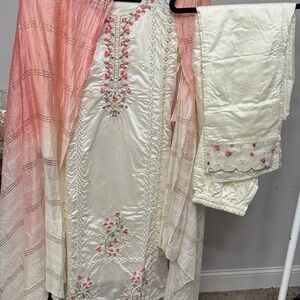 Elegant Cream and Pink Embroidered Dress